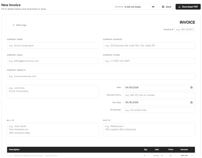 Preview of the InvoiceWall free invoice generator showing the invoice editor